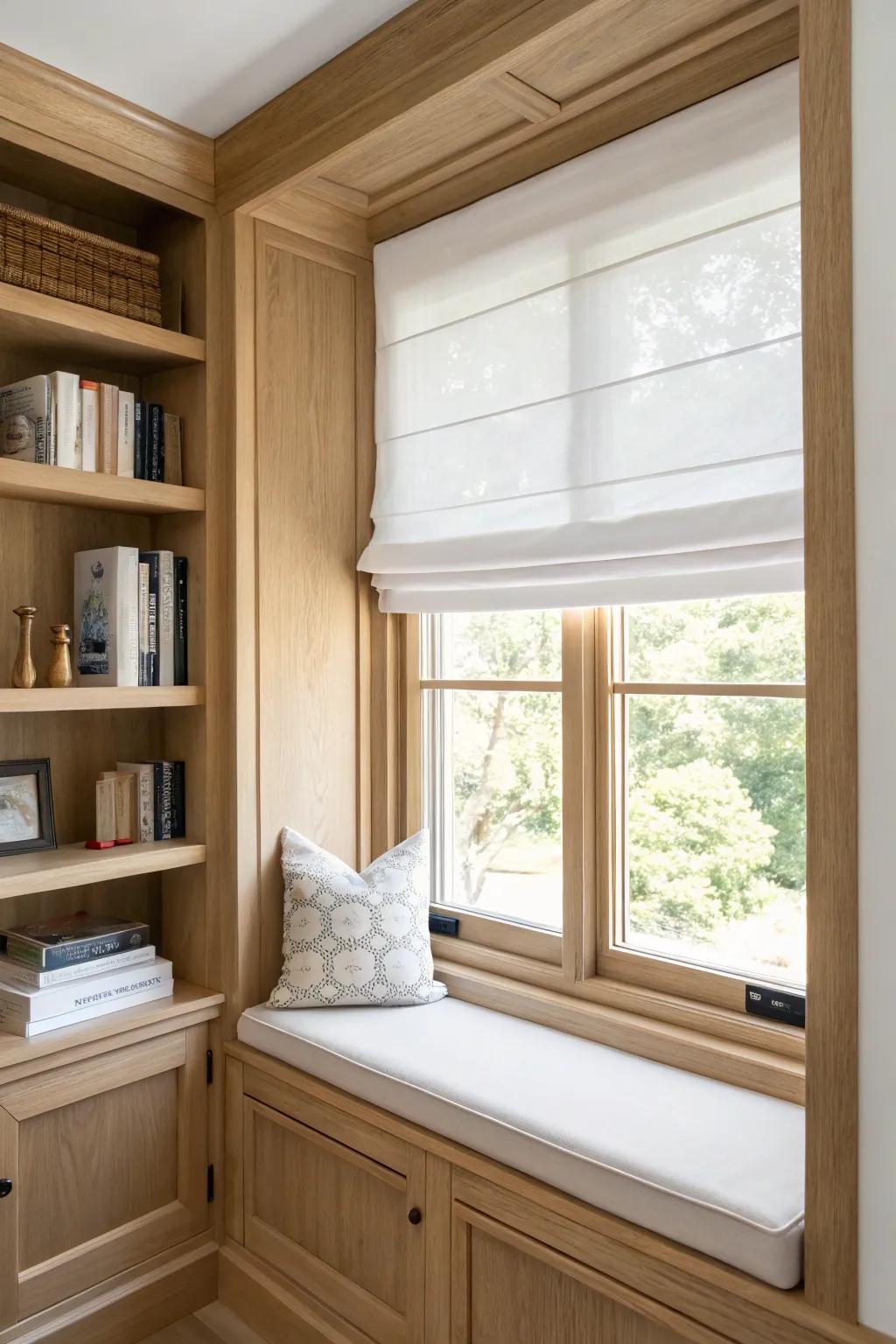 A crisp Roman shade tucked inside the shelf frame keeps window bookshelves tailored, never cluttered.