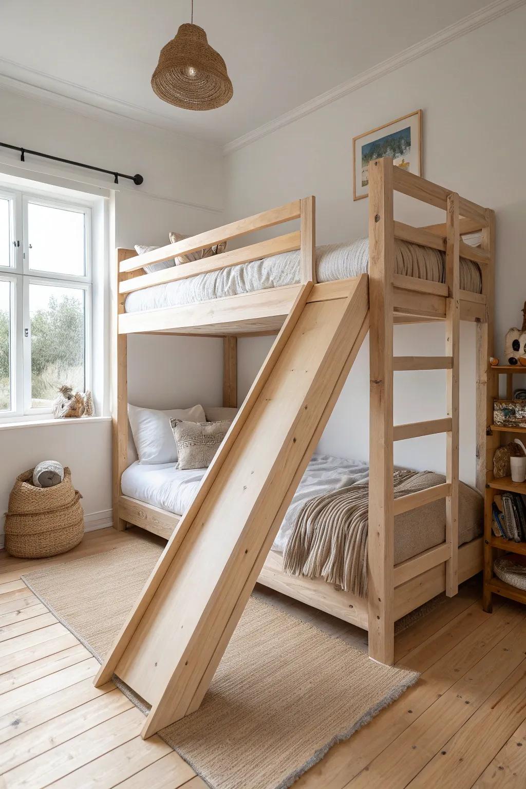 A sleek pine bunk with a gentle slide turns a shared room into a calm, playful nook.