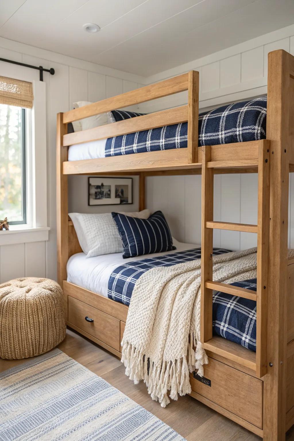 Cabin-cozy bunk bed look: warm wood, crisp plaid, and chunky knits—perfect for small rooms.