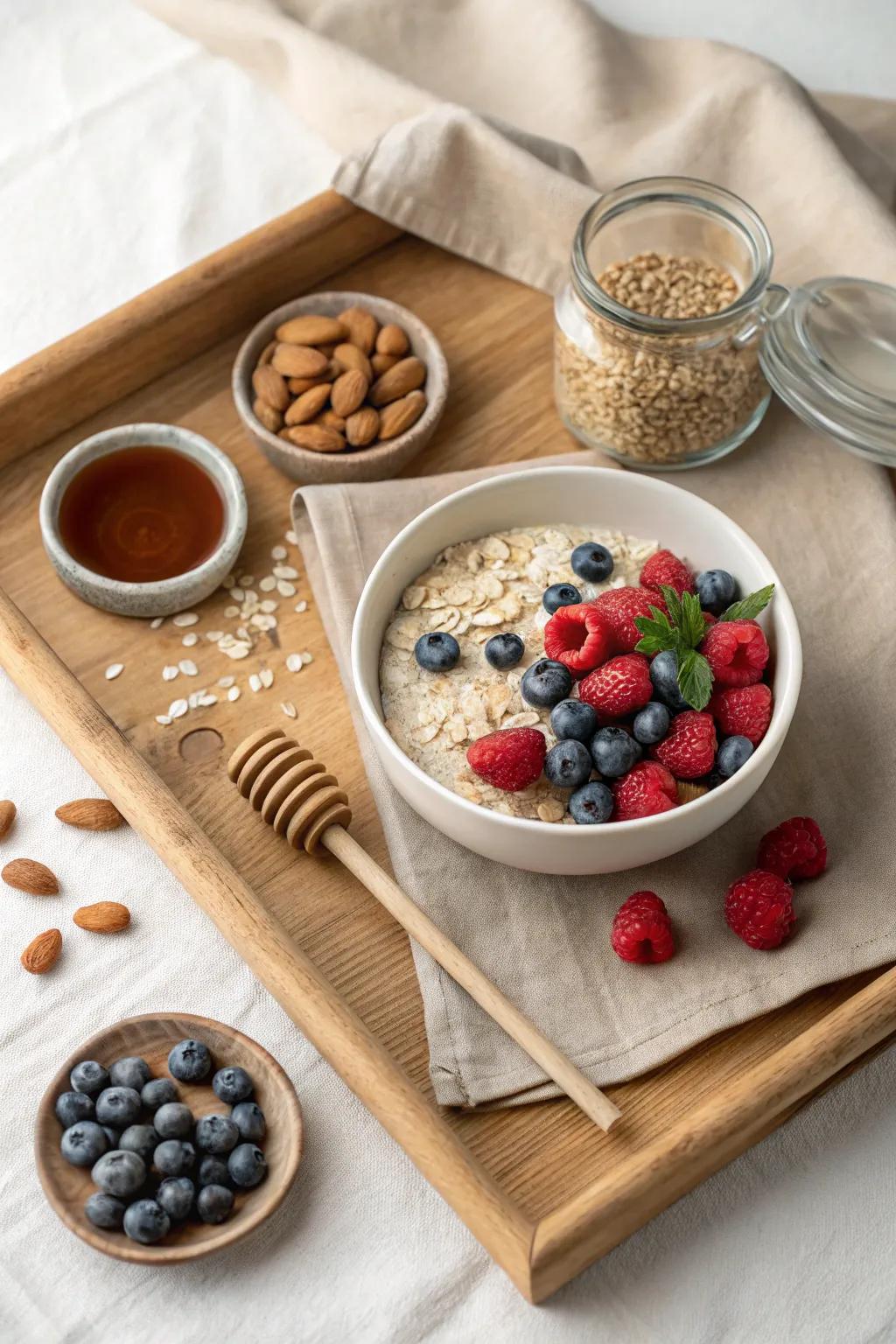 A cozy oatmeal toppings tray—berries, nuts & honey in tiny bowls for mix-and-match bites.