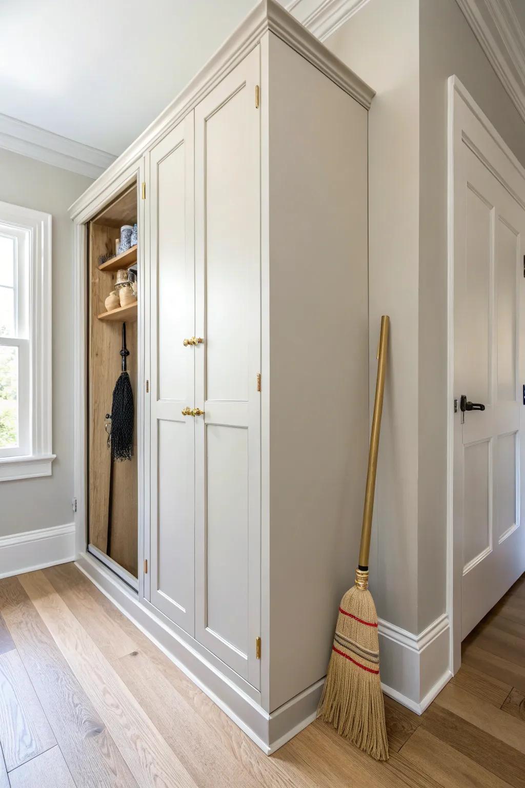 A secret hallway panel that hides your broom & mop—sleek storage that looks like trim.