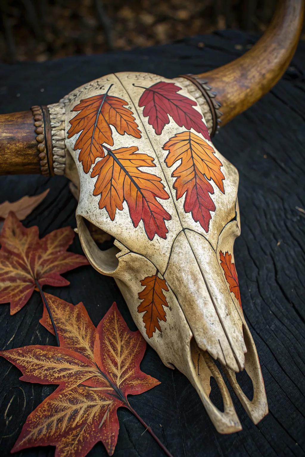 Transform your space with seasonal elegance: a stunning autumn-inspired buffalo skull.
