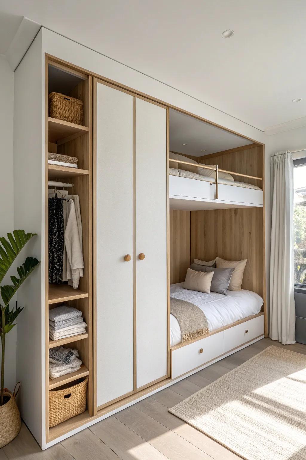 Hidden bunks behind sleek sliding panels—micro guest room magic with a clean wall look.