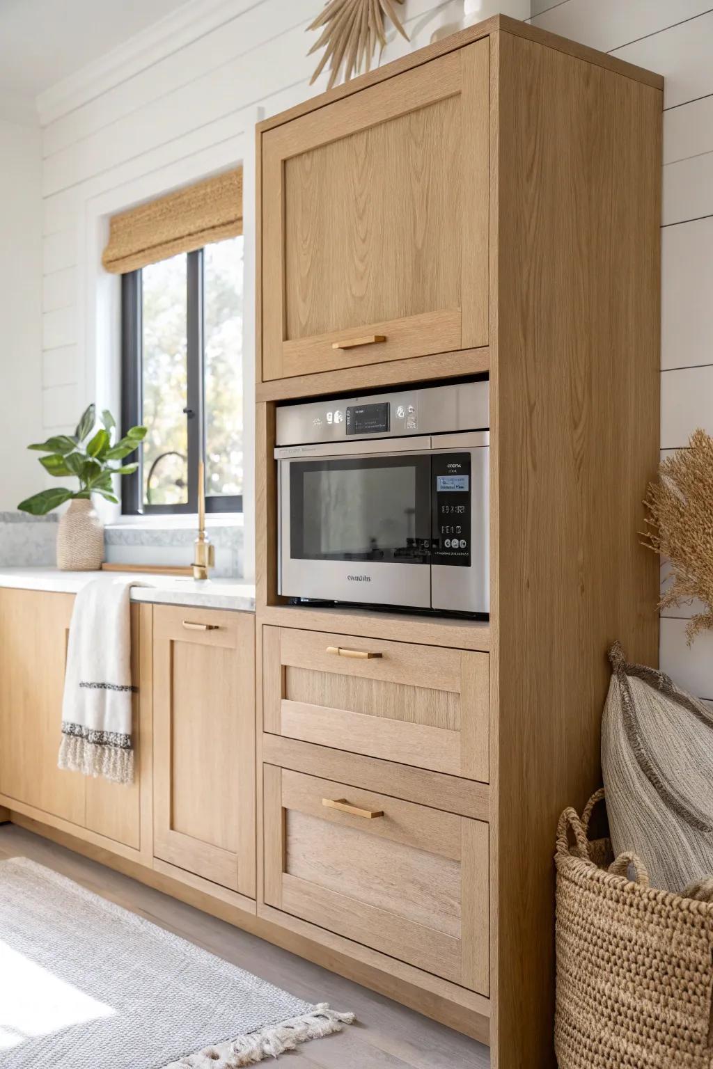 Flush face-frame microwave with seamless paneling for a custom, space-smart look.