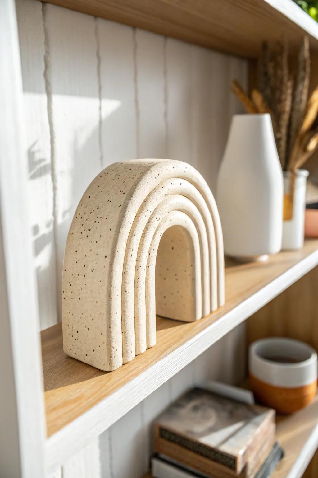 A small sculptural accent fills shelf gaps and adds a collected, minimalist warmth.