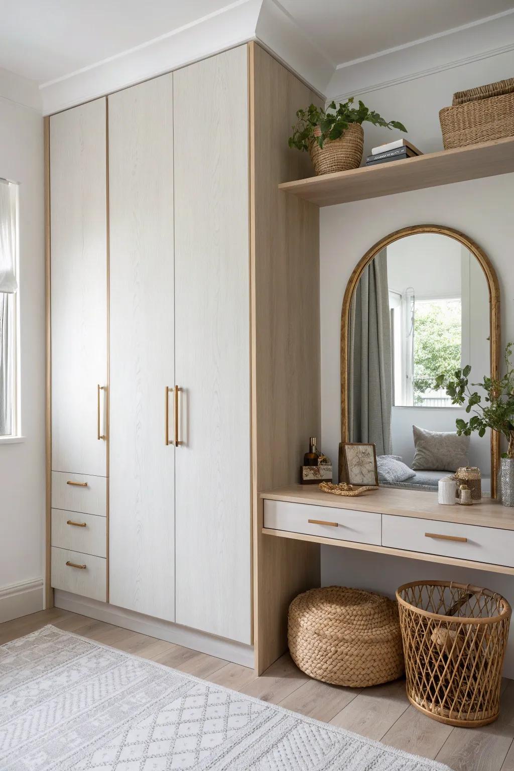 A built-in wardrobe with a chic vanity niche—your boutique-style get-ready spot, no extra furniture.