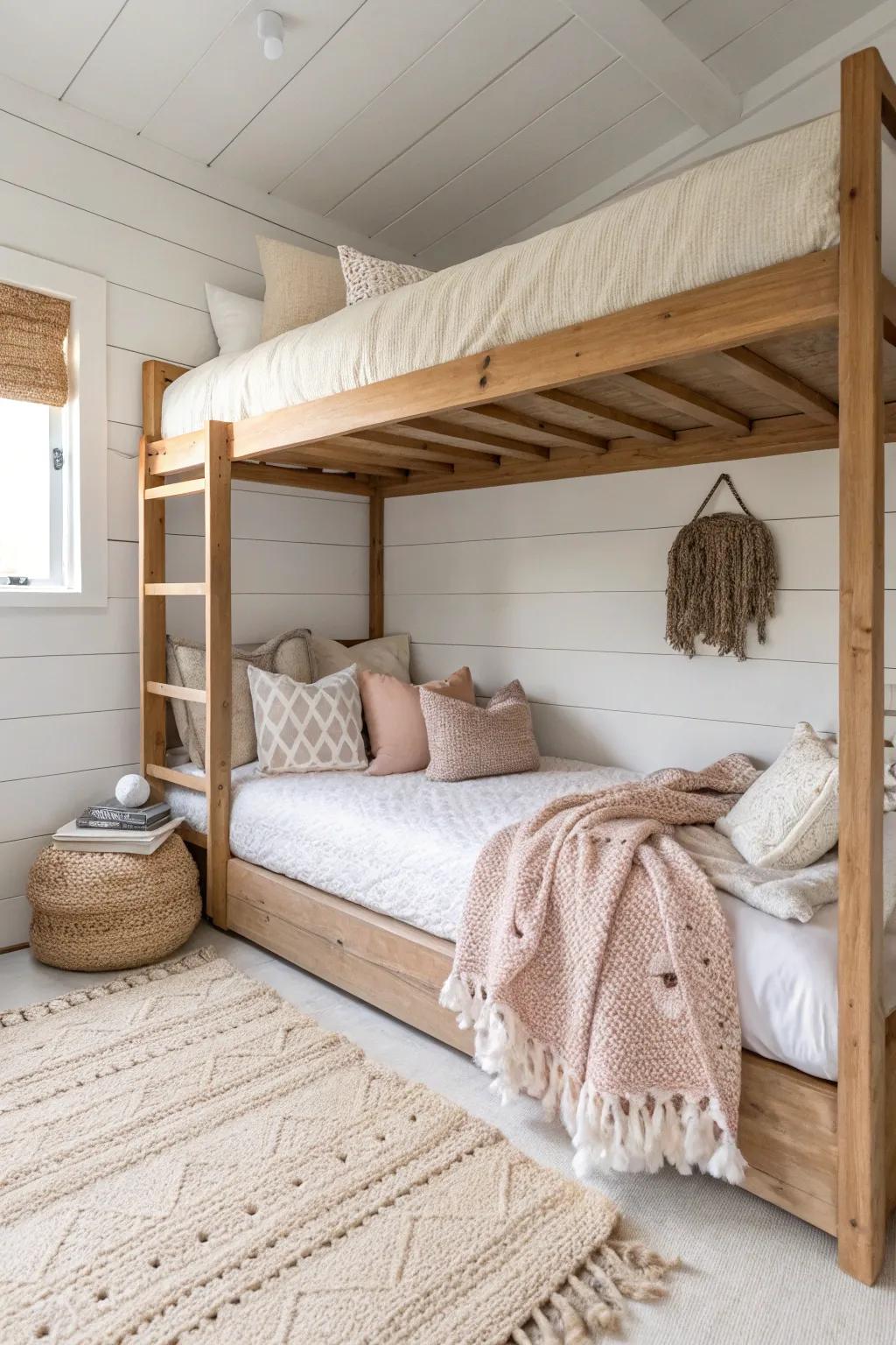 Turn the bottom bunk into a cozy daybed lounge—sofa comfort in the same small-space footprint.