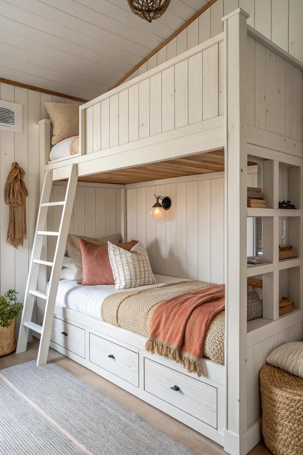 Planked paneling turns adult bunks into cozy built‑in nooks with a custom, crafted feel.