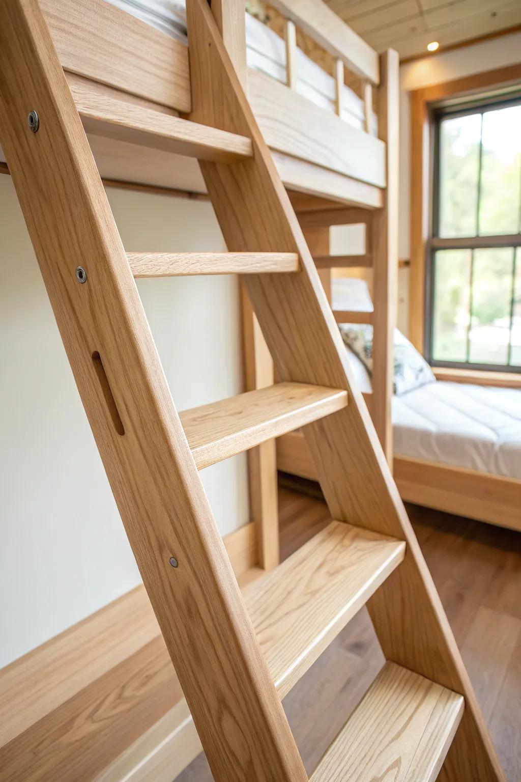 Architectural cutout ladder panel—sleek, built-in bunks that feel calm and custom.