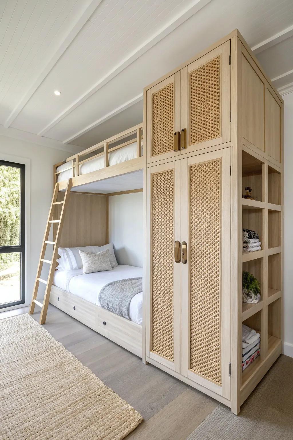 A sleek oak wall conceals adult bunks—Murphy-style magic for offices that moonlight as guest rooms.