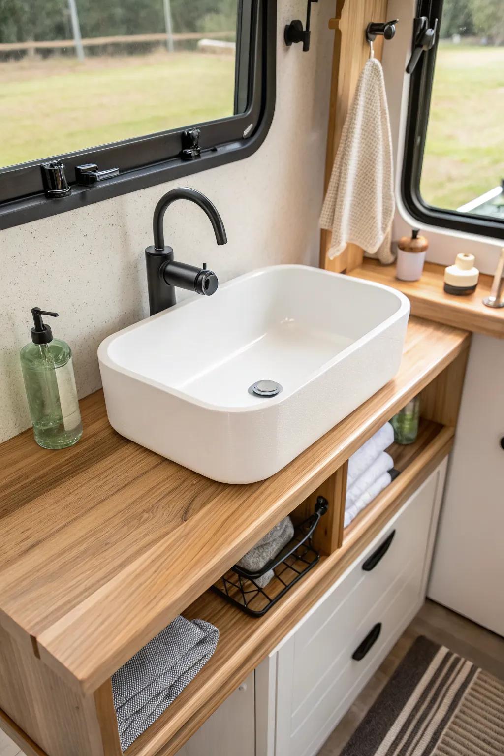 Lift-off sink side shelf: instant get-ready space for tiny camper bathrooms—no remodel needed.