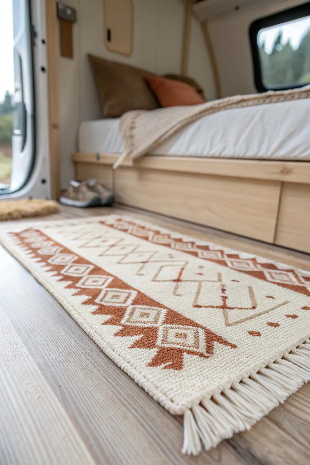 A small washable rug adds warmth underfoot and keeps camper-shell bedding grit-free.