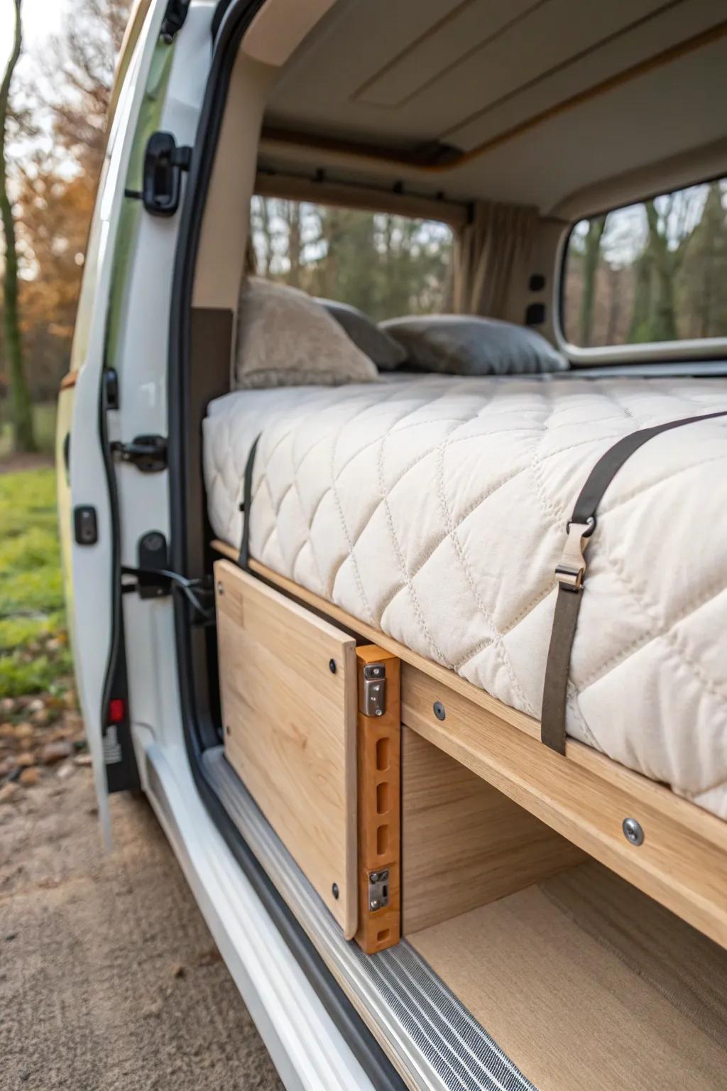 Tiny van, big comfort: a fold-out side sleep extension adds adult-sized width in seconds.