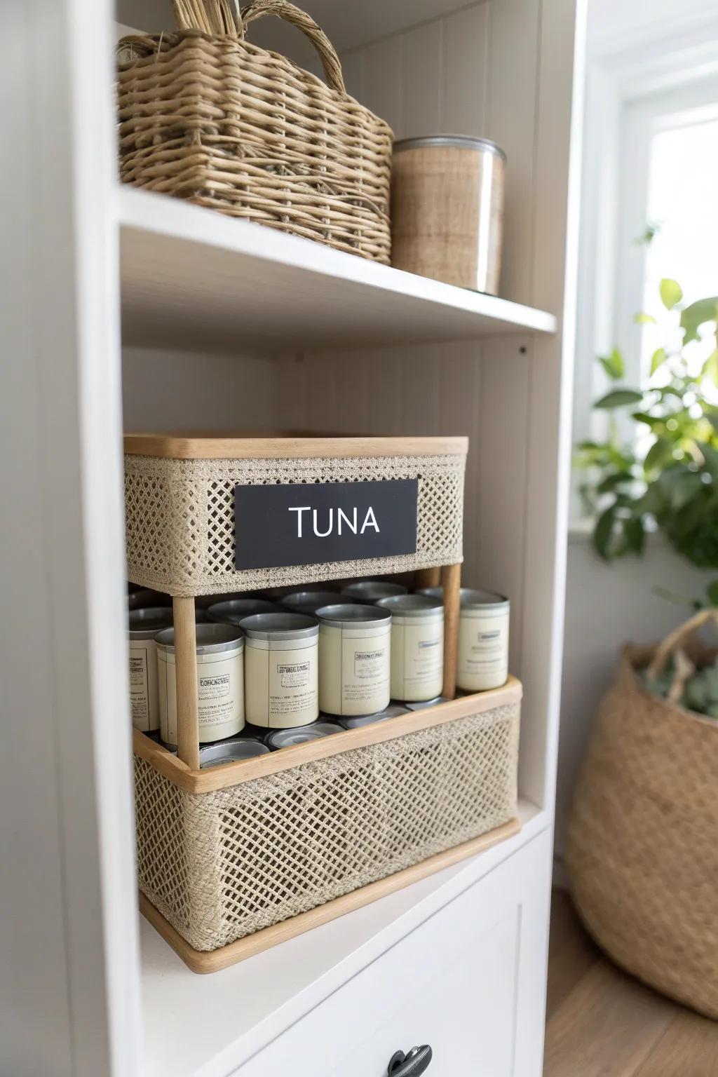 Magazine holder hack: turn upright tuna cans into a neat, labeled pull-out pantry block.