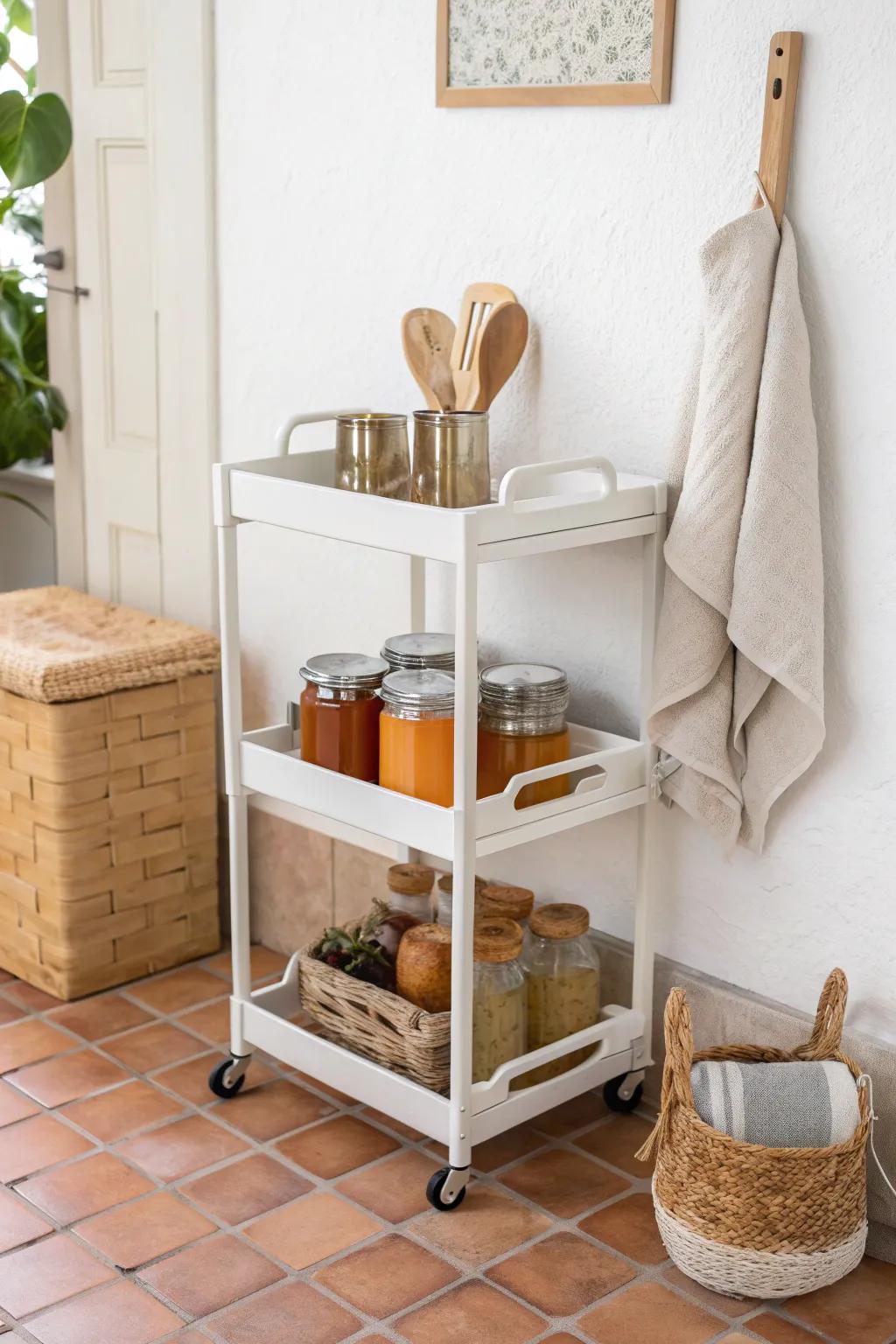 A slim rolling cart keeps jars, lids & tools ready for seasonal canning—then tucks away fast.