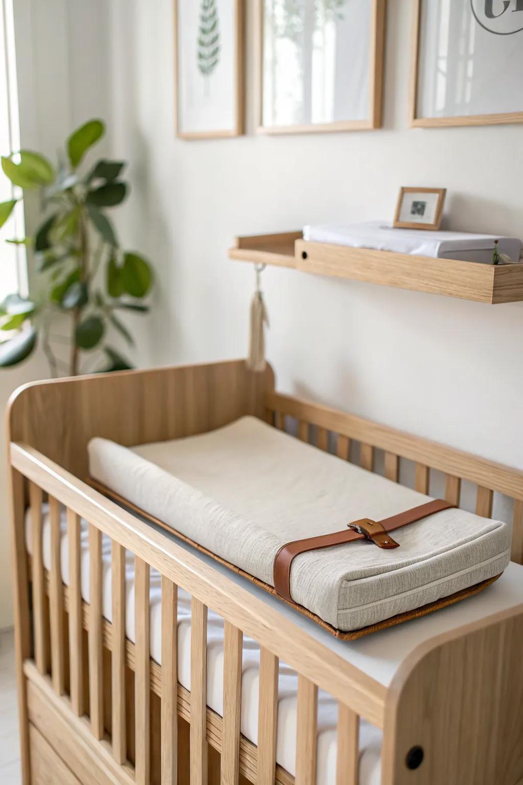 A slim crib-side changing shelf keeps everything within reach while saving floor space.