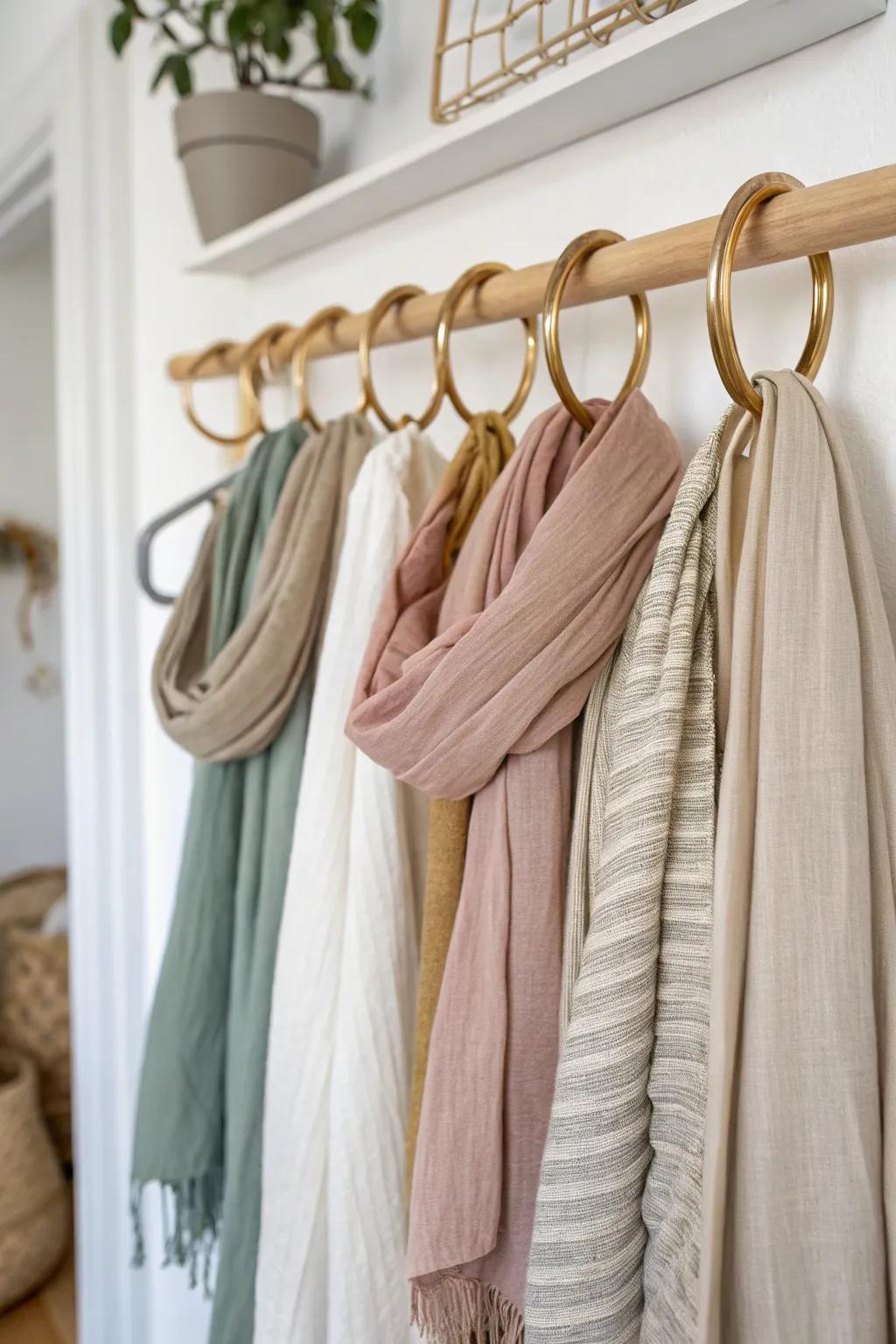 Turn curtain rings into a vertical scarf organizer—pretty, cheap, and closet-friendly.