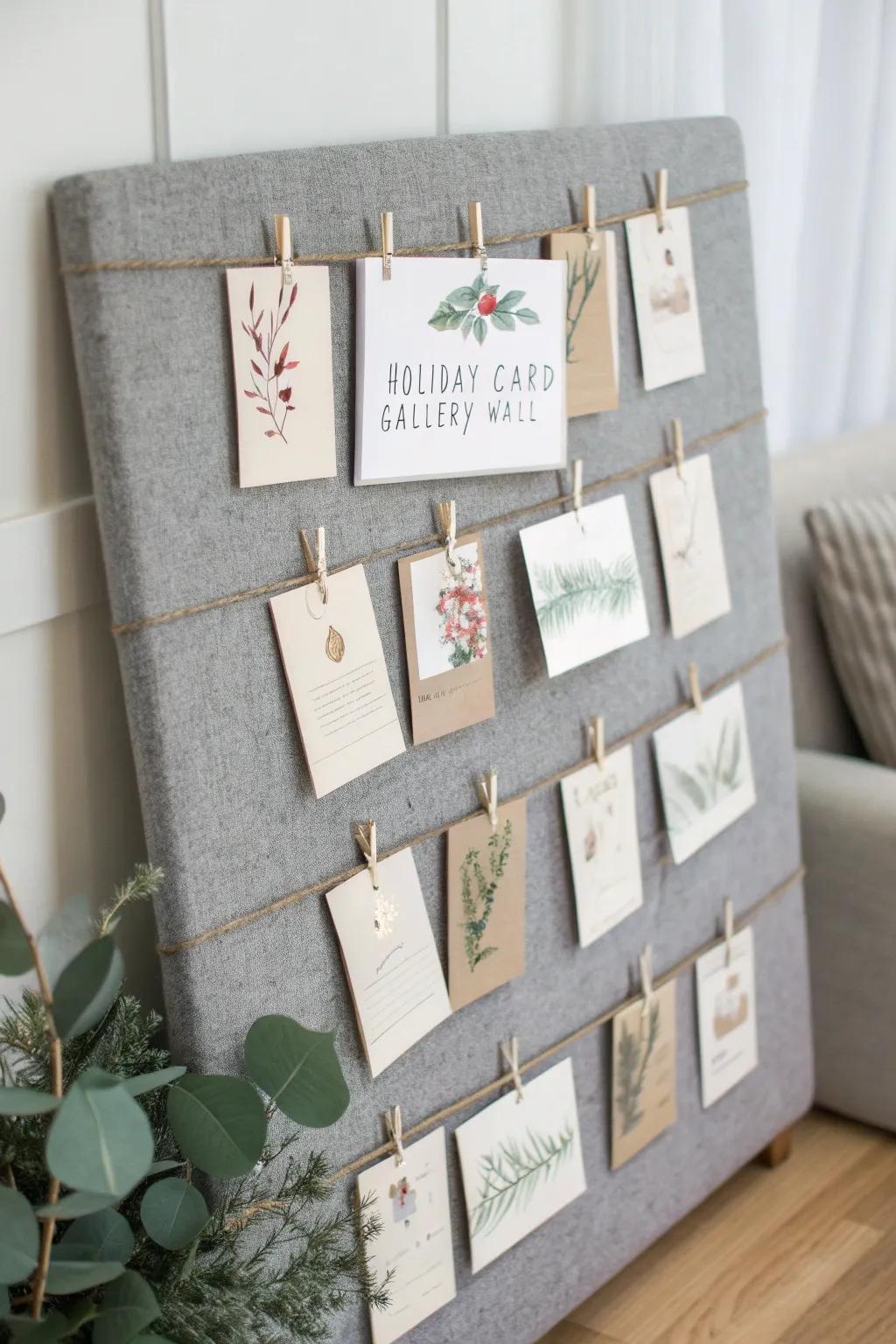Instant festive art: a cubicle-panel card gallery with clean rows, wooden clips, and cozy glow.