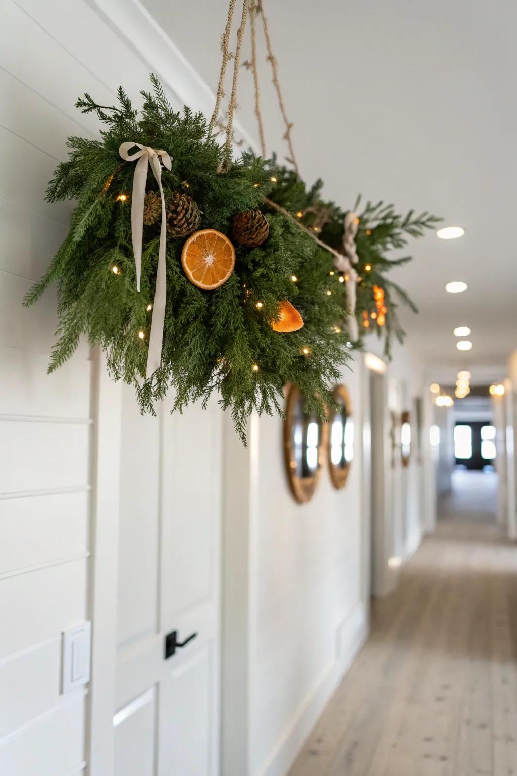 A ceiling garland “sky” with warm twinkle lights makes a small hallway feel magical.