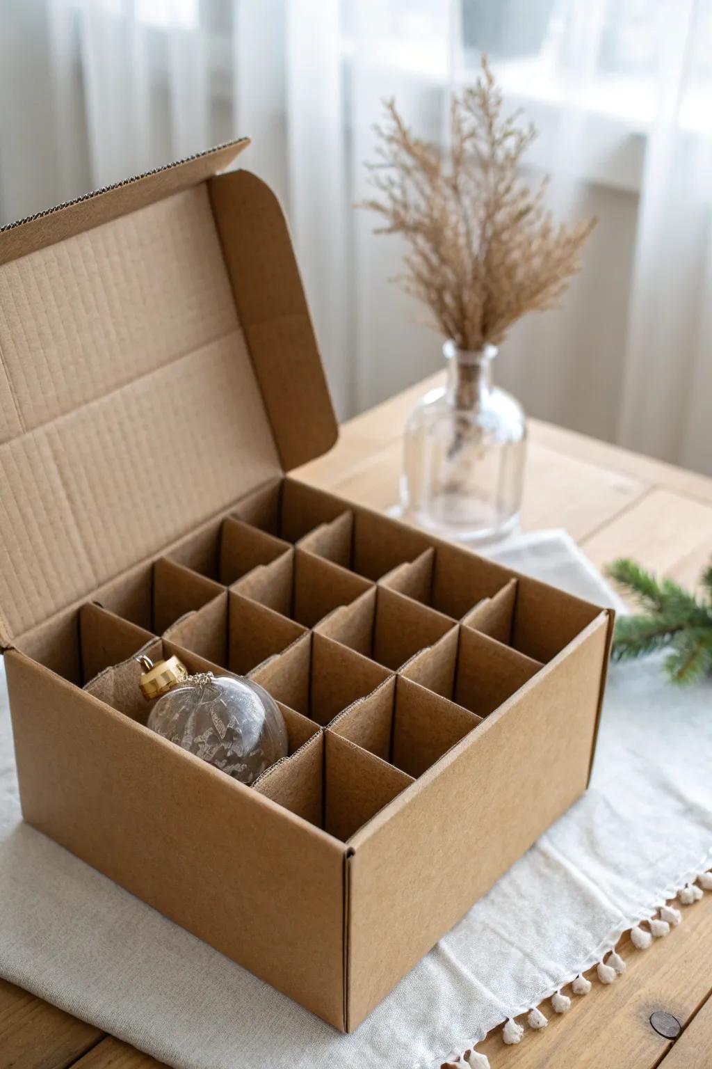 DIY cardboard cell grid keeps fragile ornaments separated—pretty, budget-friendly storage.
