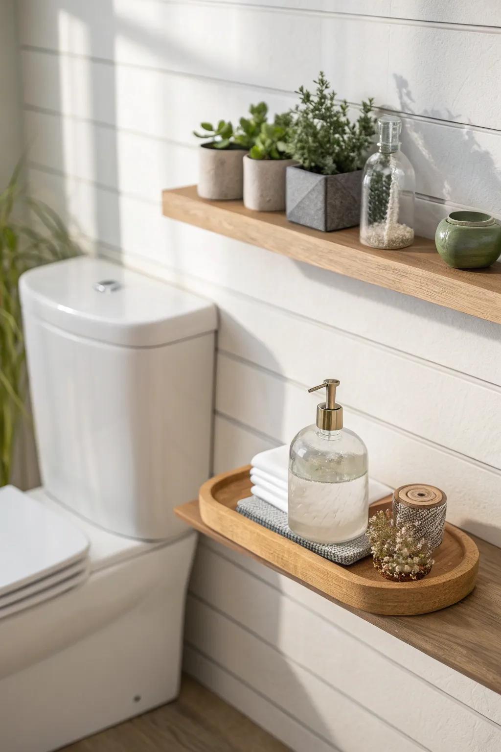 A tiny floating shelf moment—oak, ceramics, and a little greenery to finish the cloakroom.
