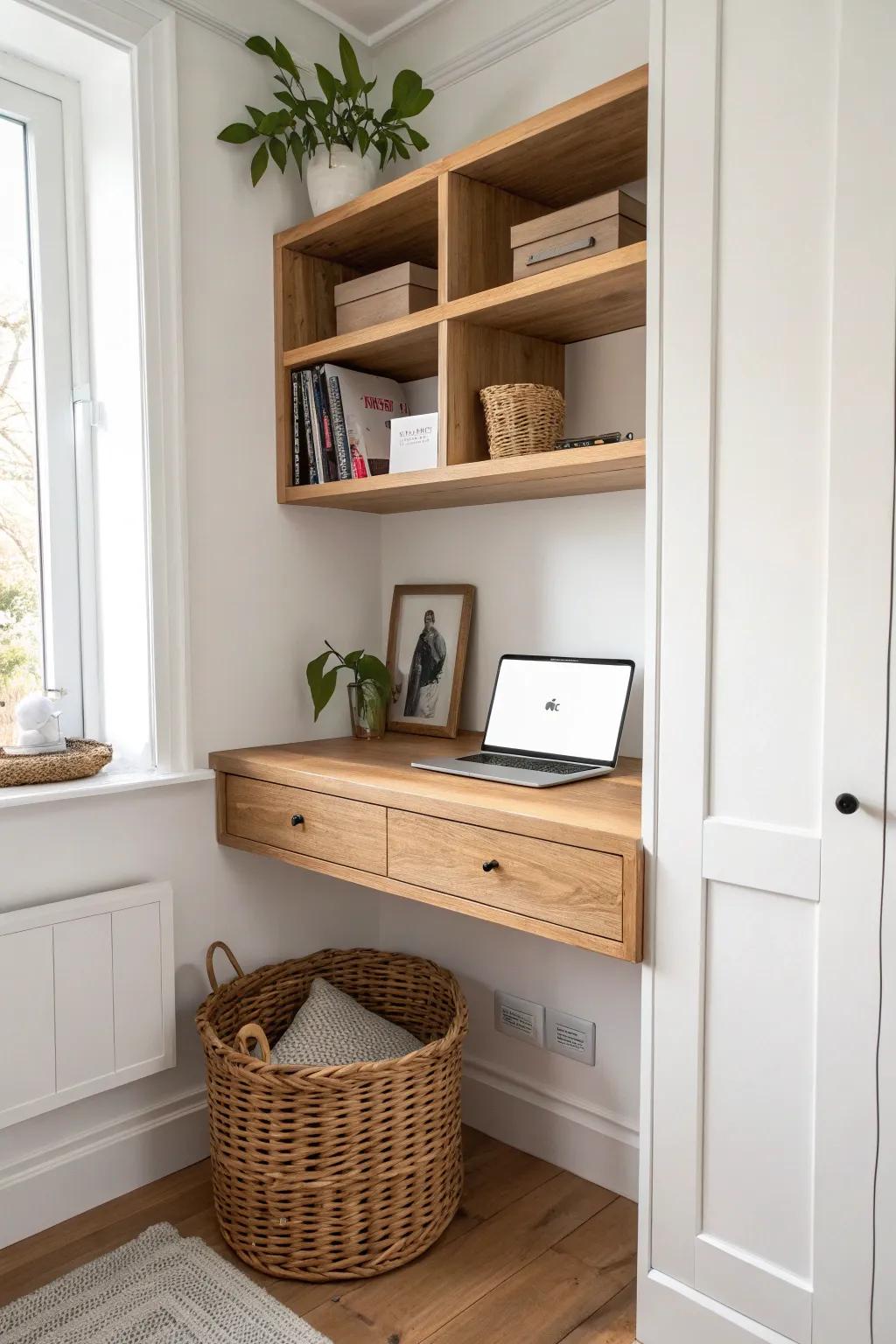 A standing-height closet desk shelf that boosts energy—no legroom needed, just smart storage.