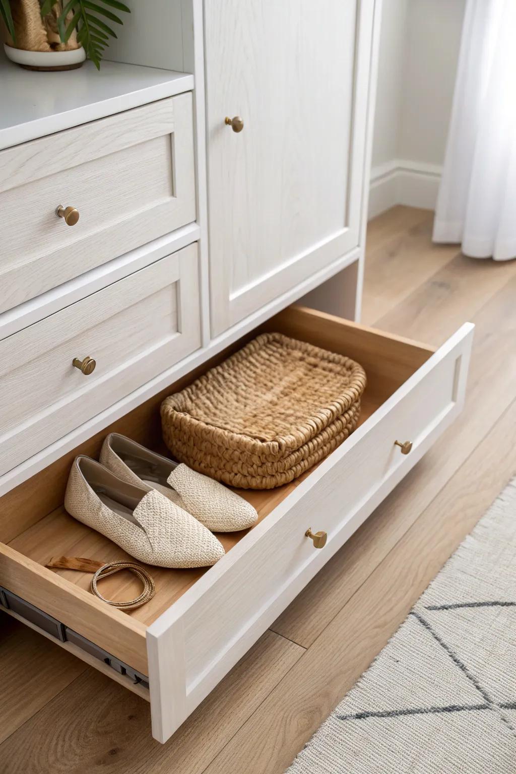 Hidden toe-kick drawer under closet cabinets: the chic secret spot for flats and clutches.