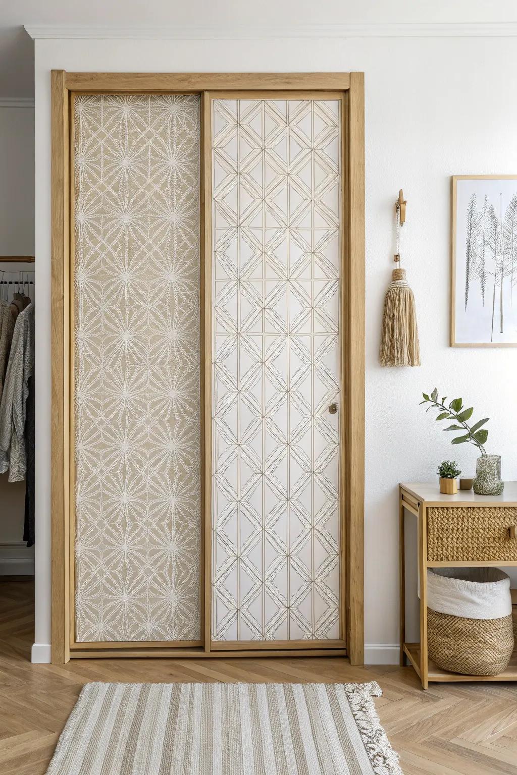 Peel-and-stick wallpaper turns a plain closet door into decor—perfect for small spaces.