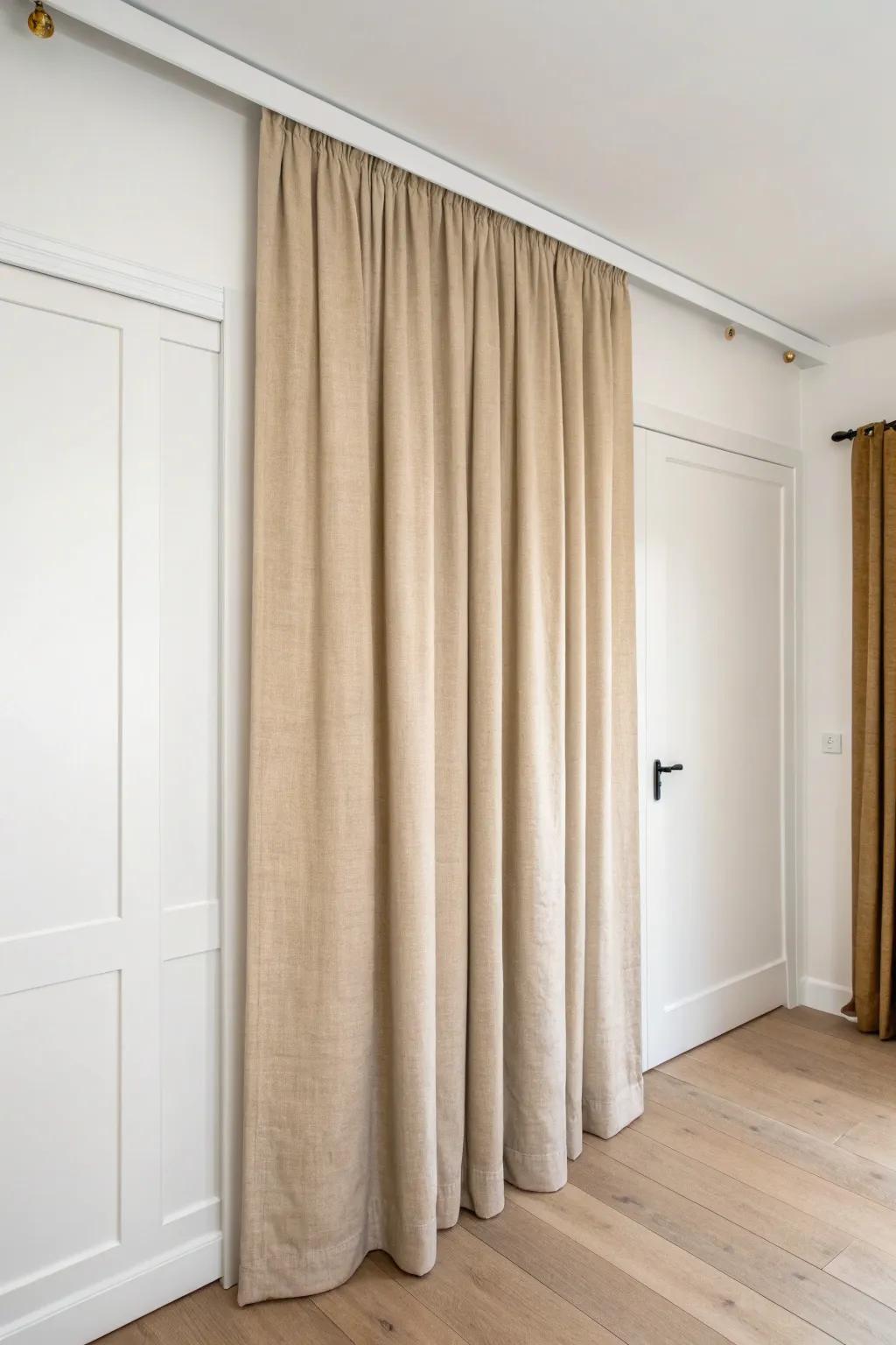Ceiling-mounted linen curtain doors save floor space and make small closets feel taller.