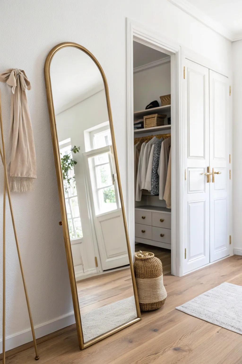 An arched mirror bounces light through a closet nursery, instantly making it feel bigger.