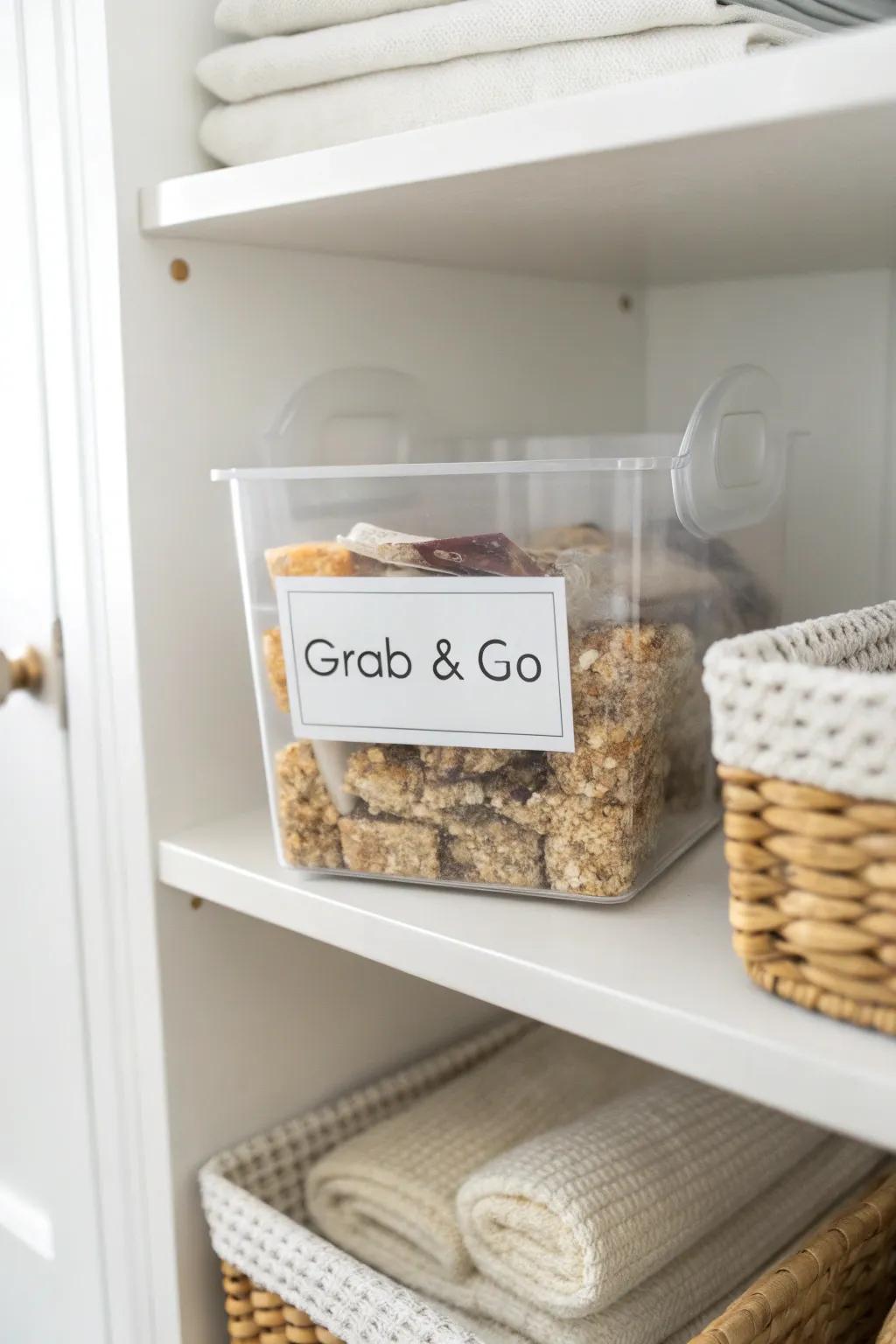 Clear bins make grab‑and‑go easy—see what’s low instantly and keep your pantry looking calm.
