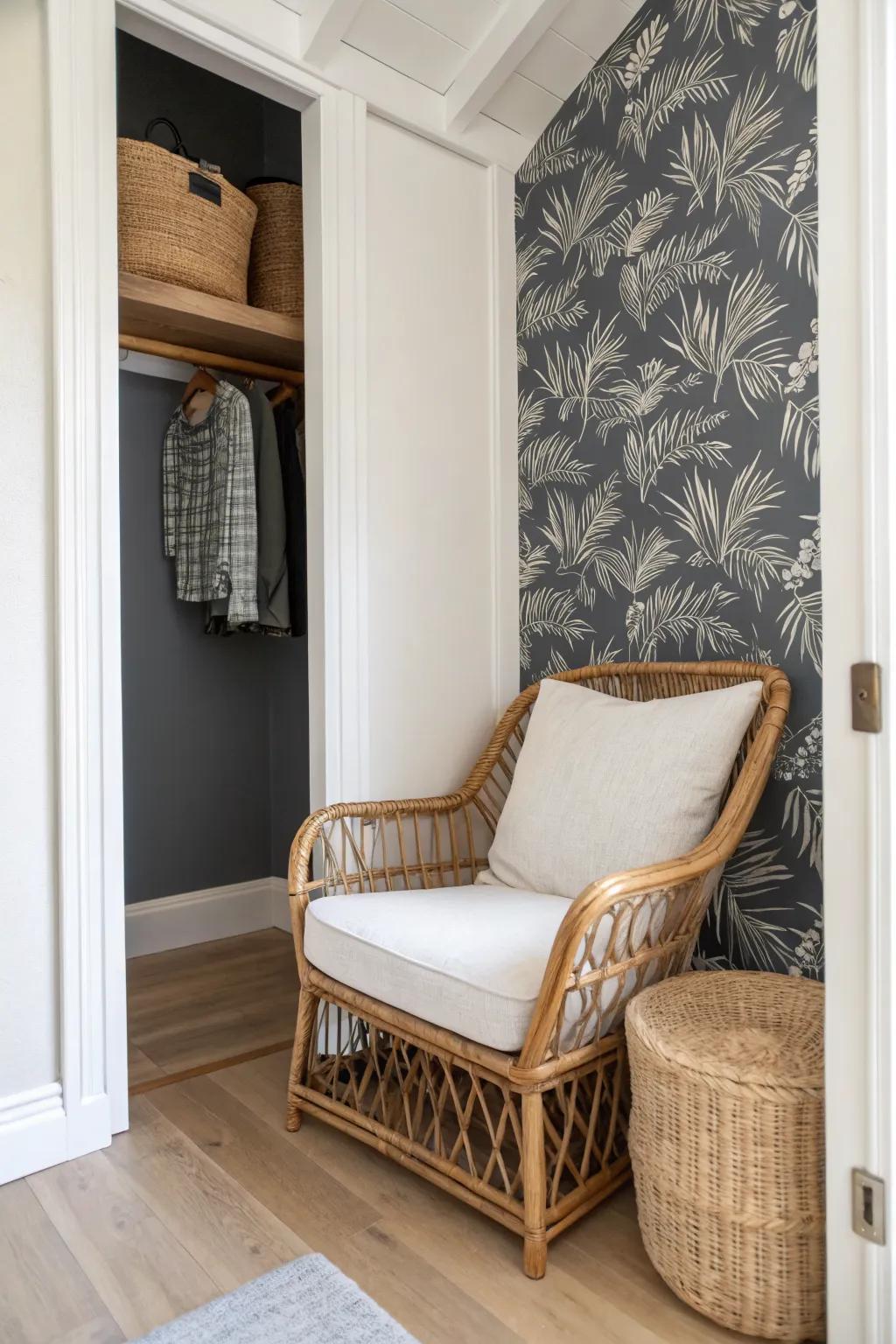 Instant renter-friendly drama: peel-and-stick wallpaper makes a closet nook feel custom and cozy.