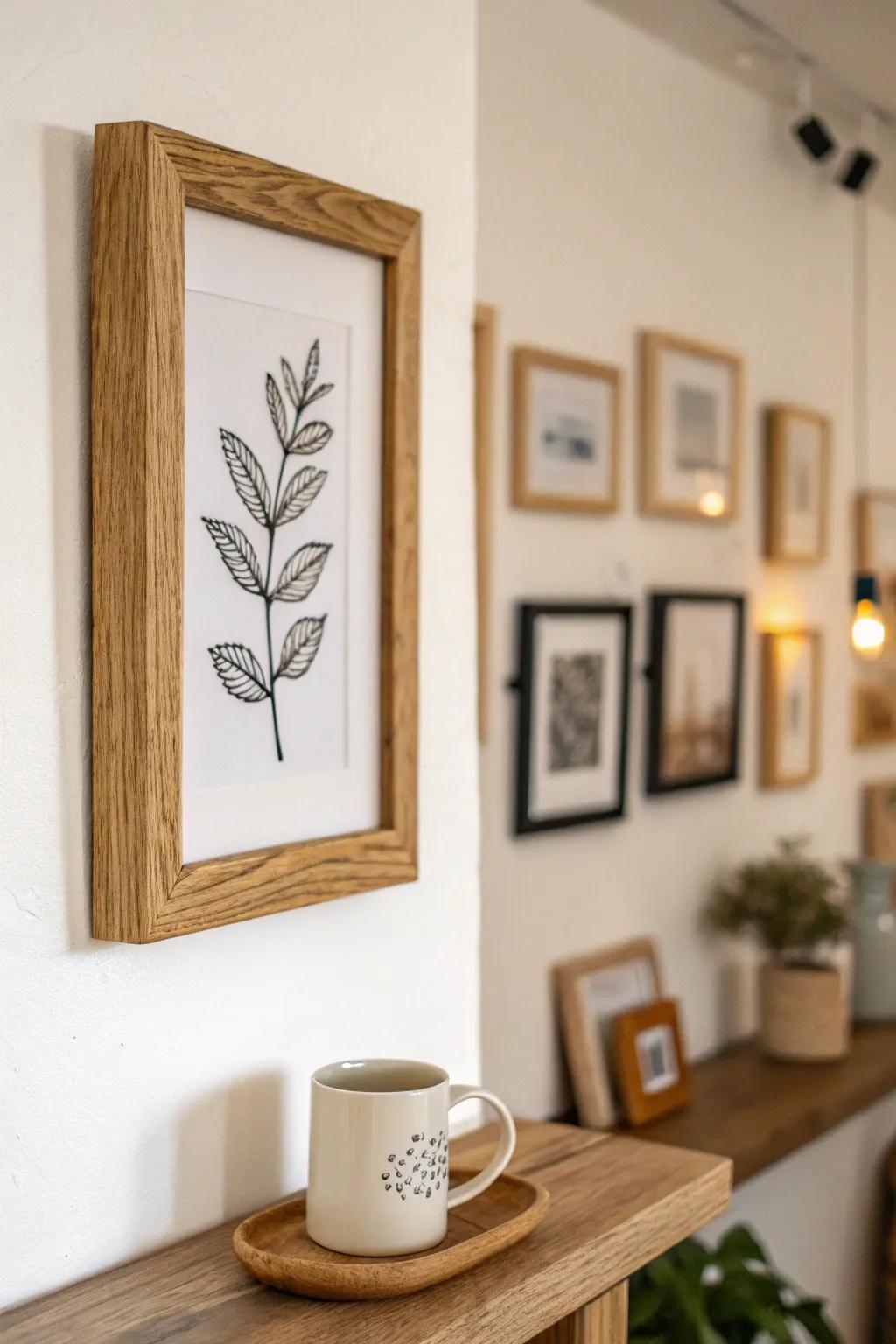 Tiny thrifted frames make a gallery wall that elevates a minimalist coffee corner in seconds.