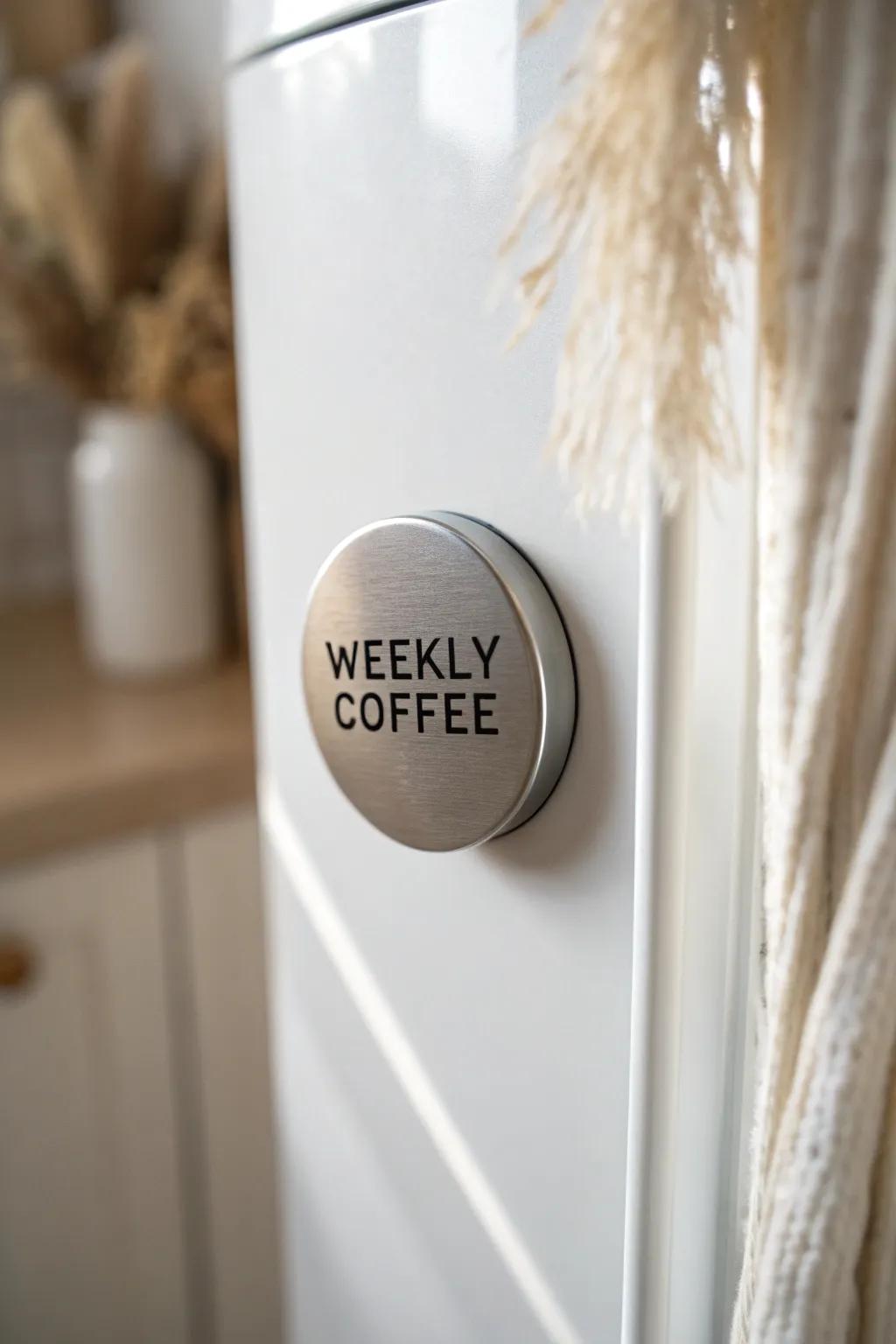 Magnetic coffee tin on the fridge: a tidy weekly stash that saves precious cabinet space.