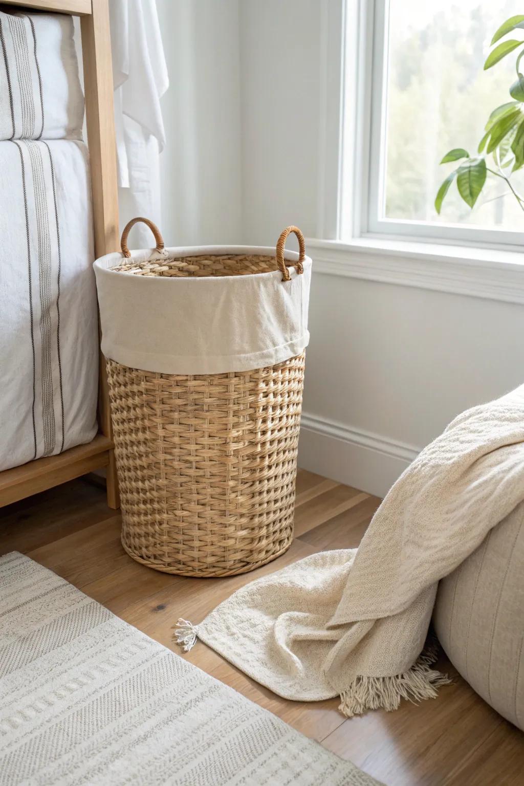 A woven hamper in a calm bedroom corner keeps laundry contained without killing the aesthetic.