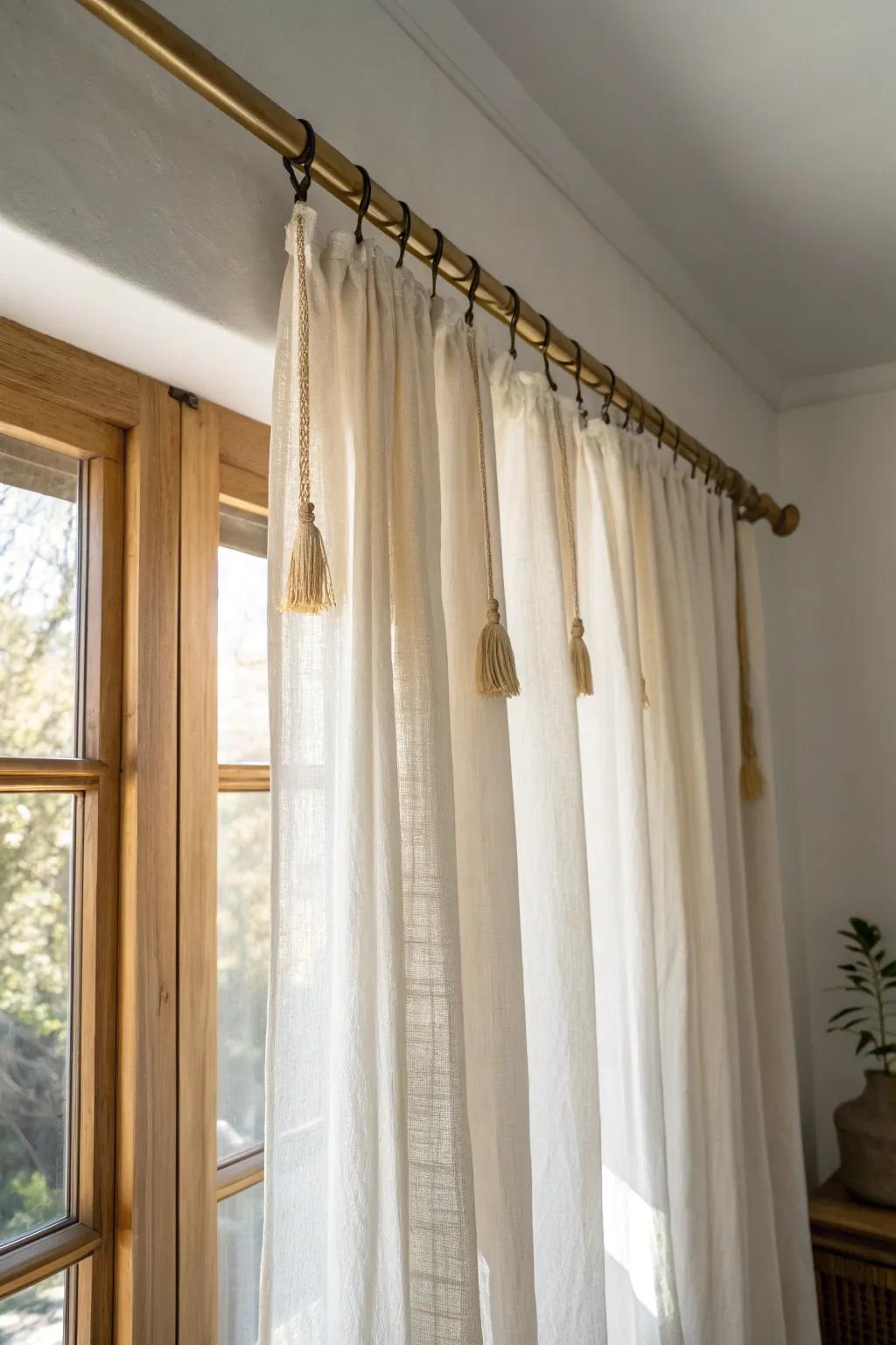 Hang curtain rods near the ceiling for instant height—sheer linen keeps the room bright.