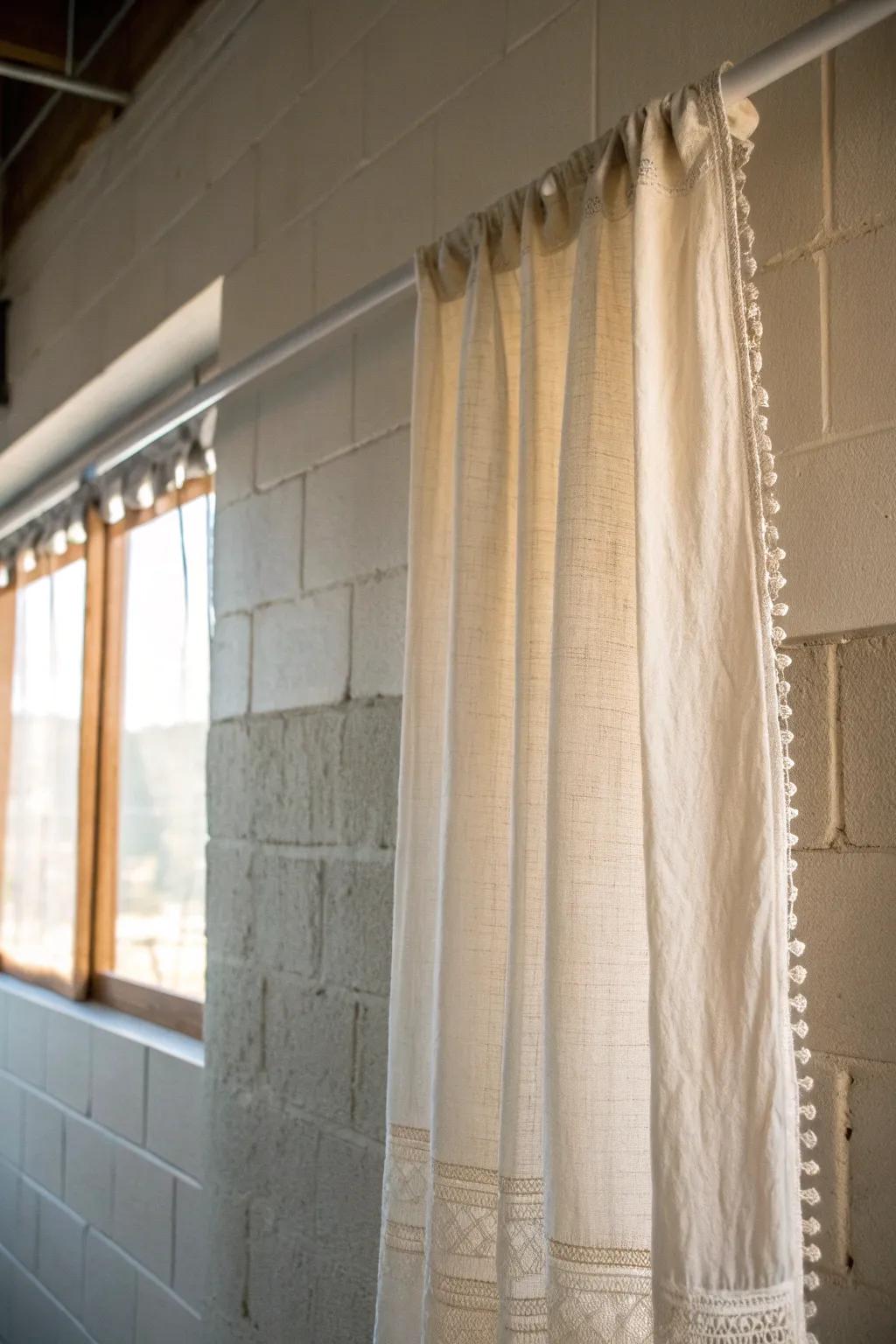 A sheer curtain backdrop instantly softens harsh dorm walls and makes the light feel dreamy.