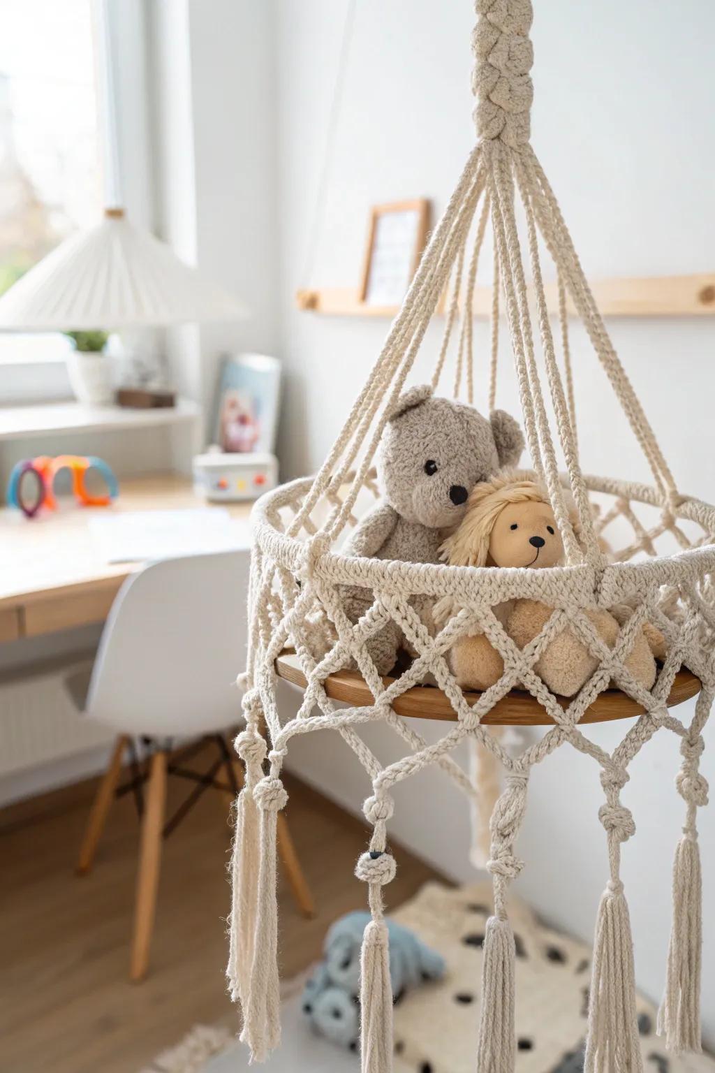 A ceiling net keeps plushies off the floor—sweet storage that frees space for work + play.