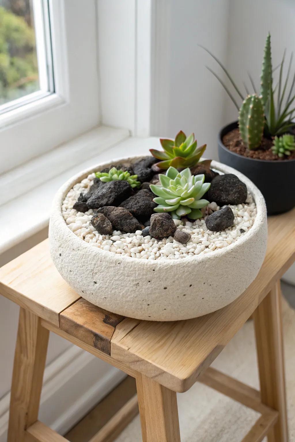 Dark lava rock meets pale gravel in a petite planter—bold texture for tiny-space rock gardens.