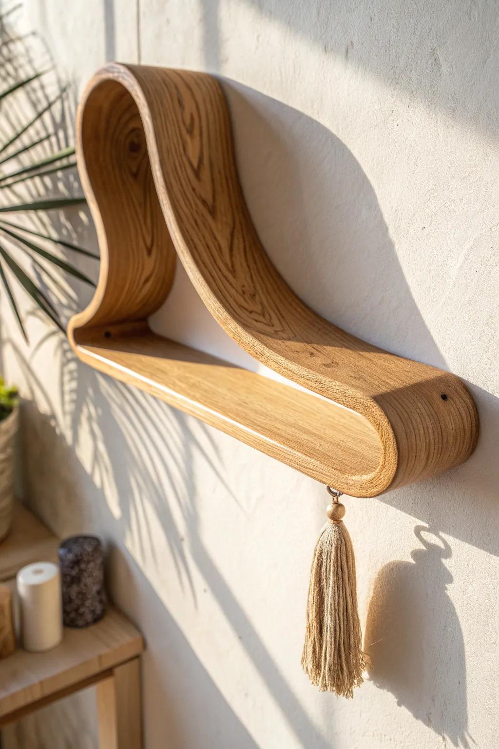 A sculptural curved wave shelf that softens small-space walls with warm, organic minimalism.