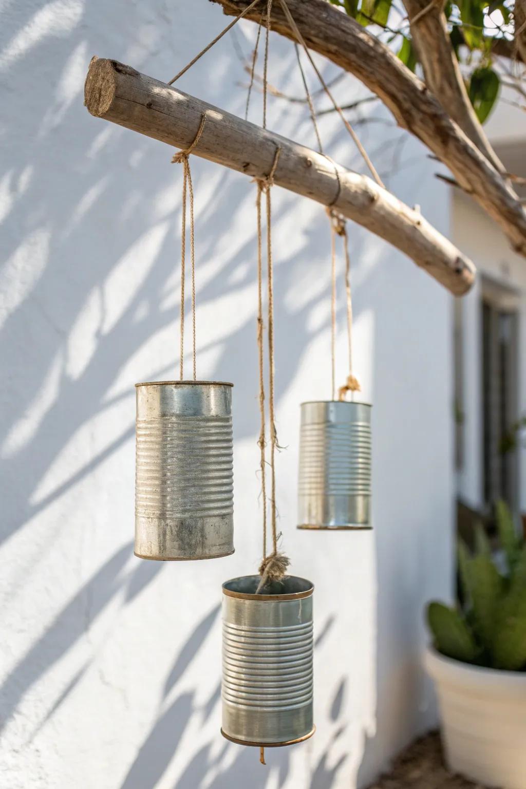 Handmade tin can wind chime: minimalist-boho charm and a soft, soothing patio sound.