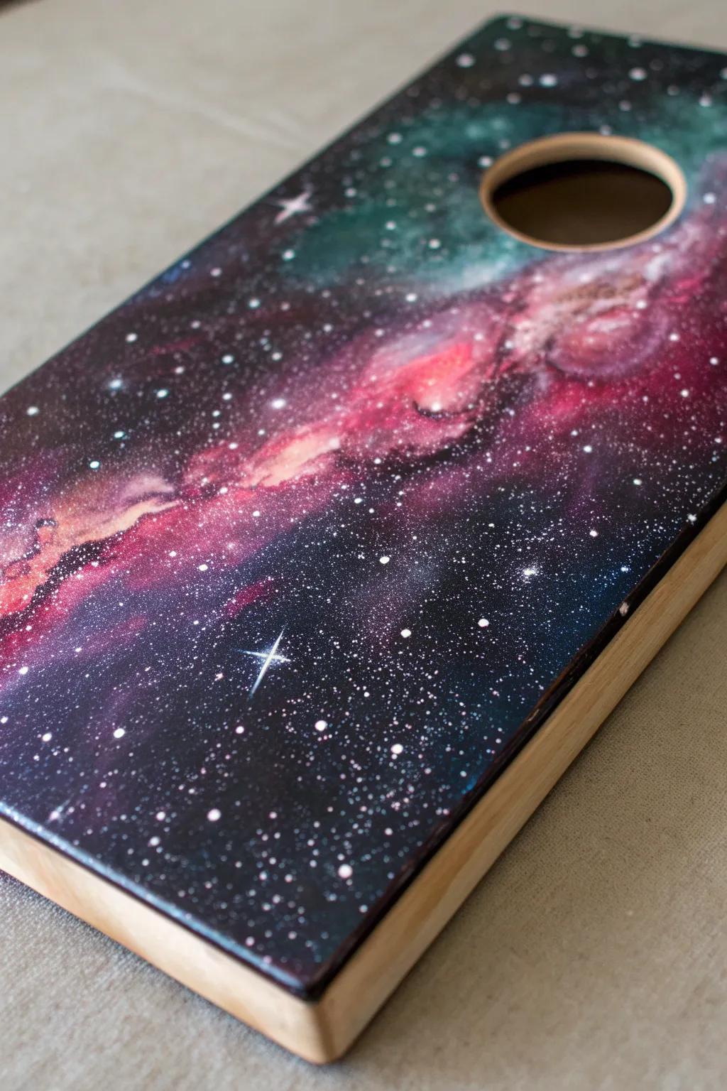 Transform your game with a cosmic twist: a galaxy-themed corn board that's out of this world!