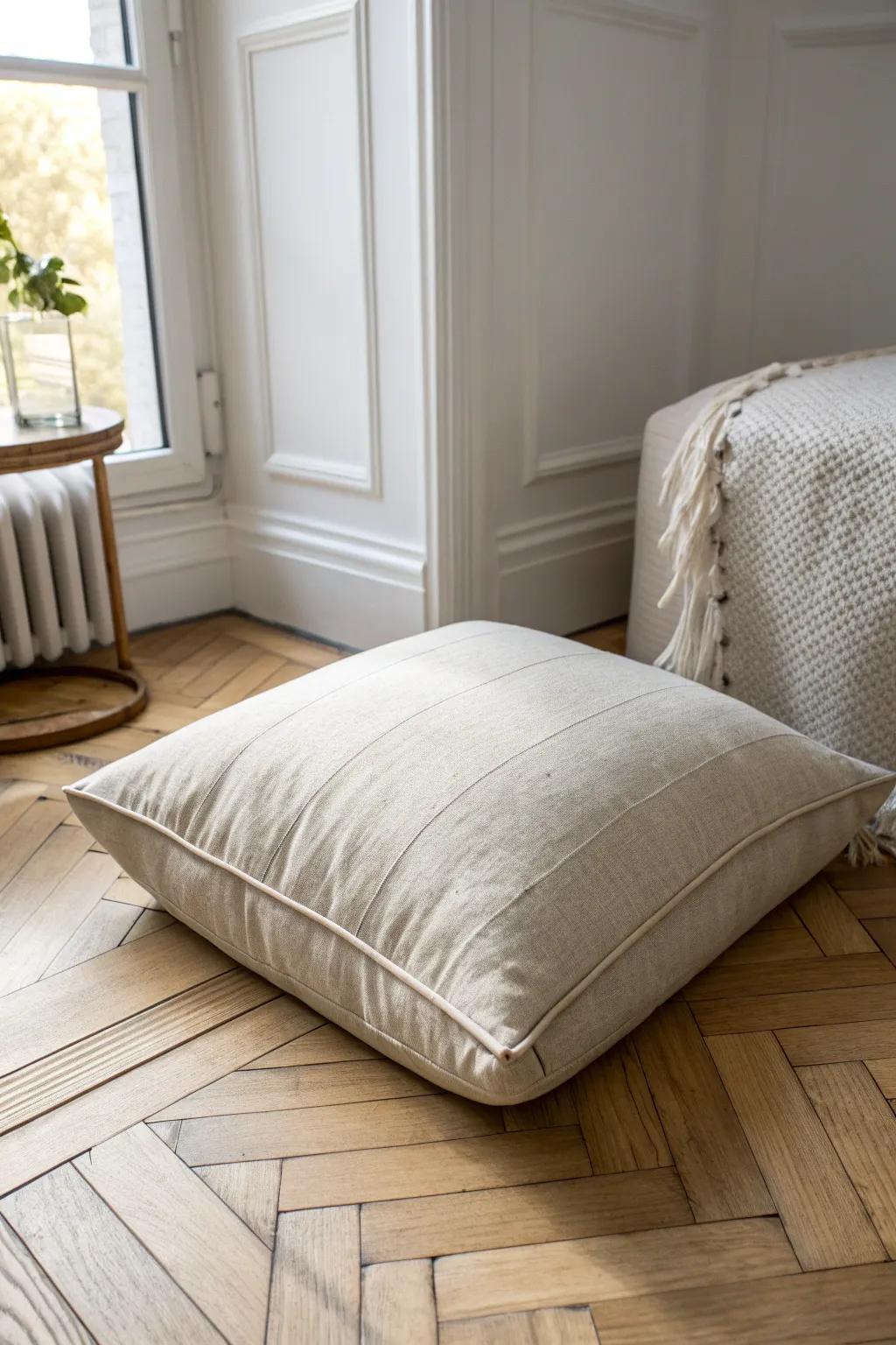 A big floor pillow beside your corner bed instantly creates a cozy, compact hangout seat.