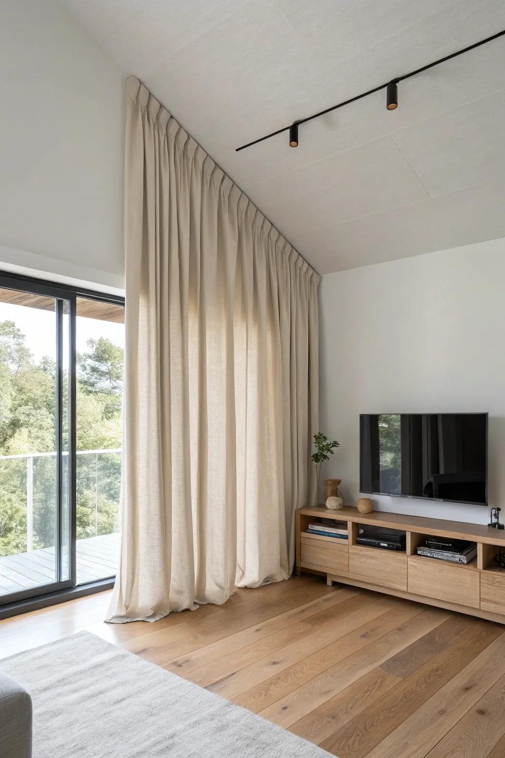 A ceiling-mounted linen curtain hides the corner TV setup—soft, chic, and space-saving.