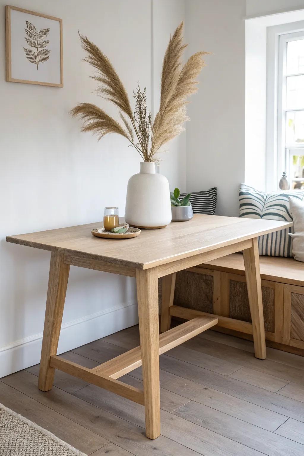 A corner table snug to the wall—extra walkway space, still styled with a simple centerpiece.