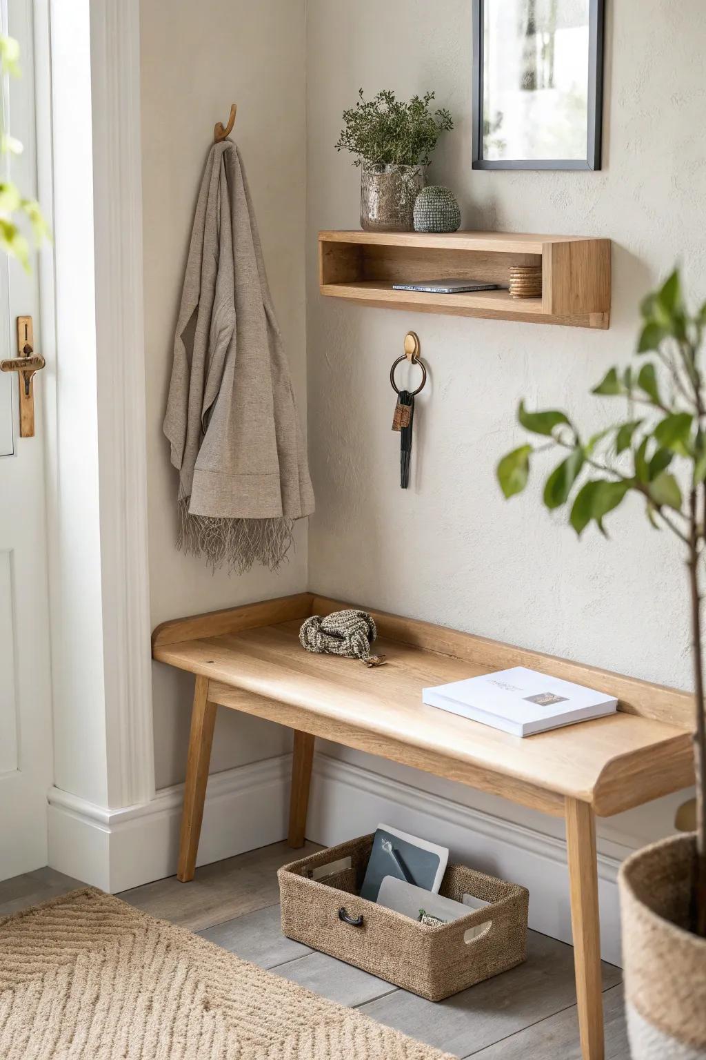A chic corner shelf drop zone—keys and mail stay tidy without taking up any space.