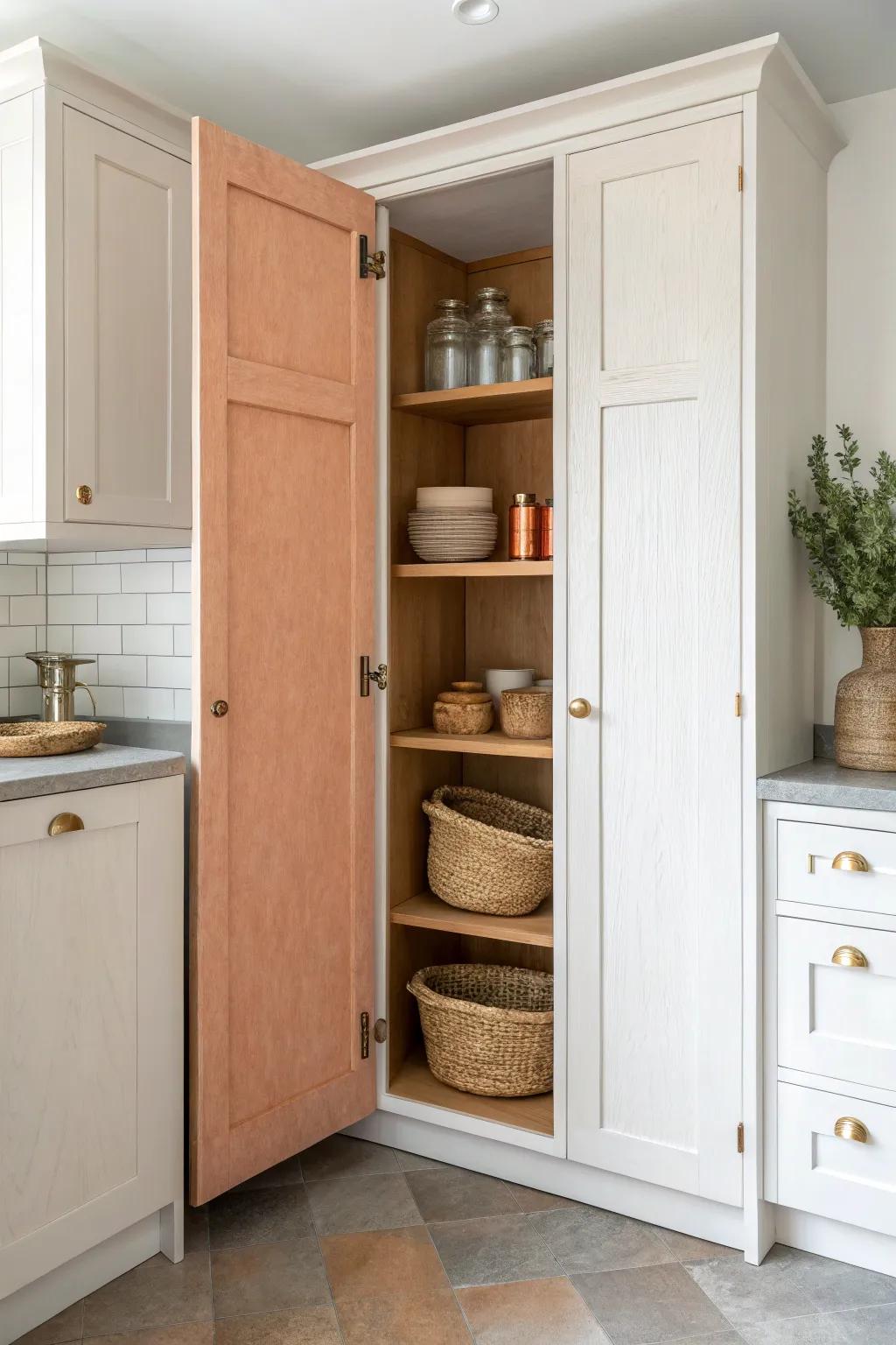 A corner pantry cabinet with a warm contrasting interior finish—simple, cozy, and joyfully surprising.