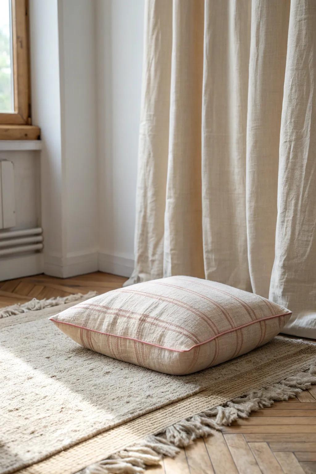 A sound-softened corner nook: plush rug, heavy linen curtain, and a cozy cushion.