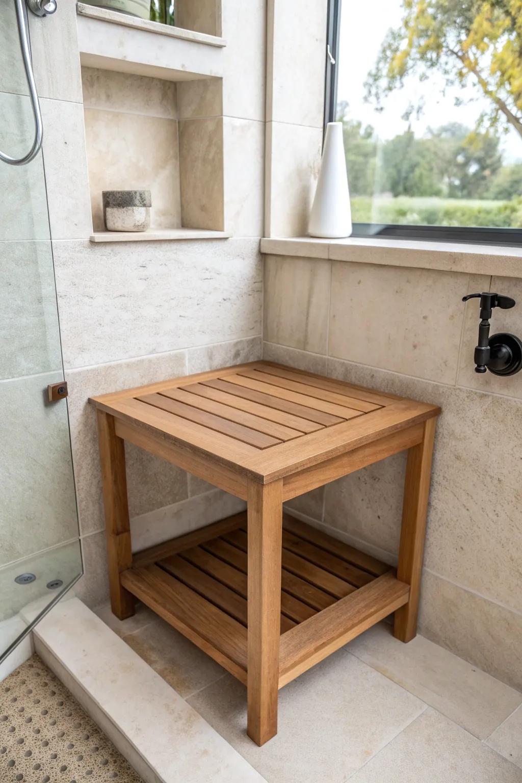Teak corner bench with a hidden waterproof panel—secret shower storage for tiny baths.