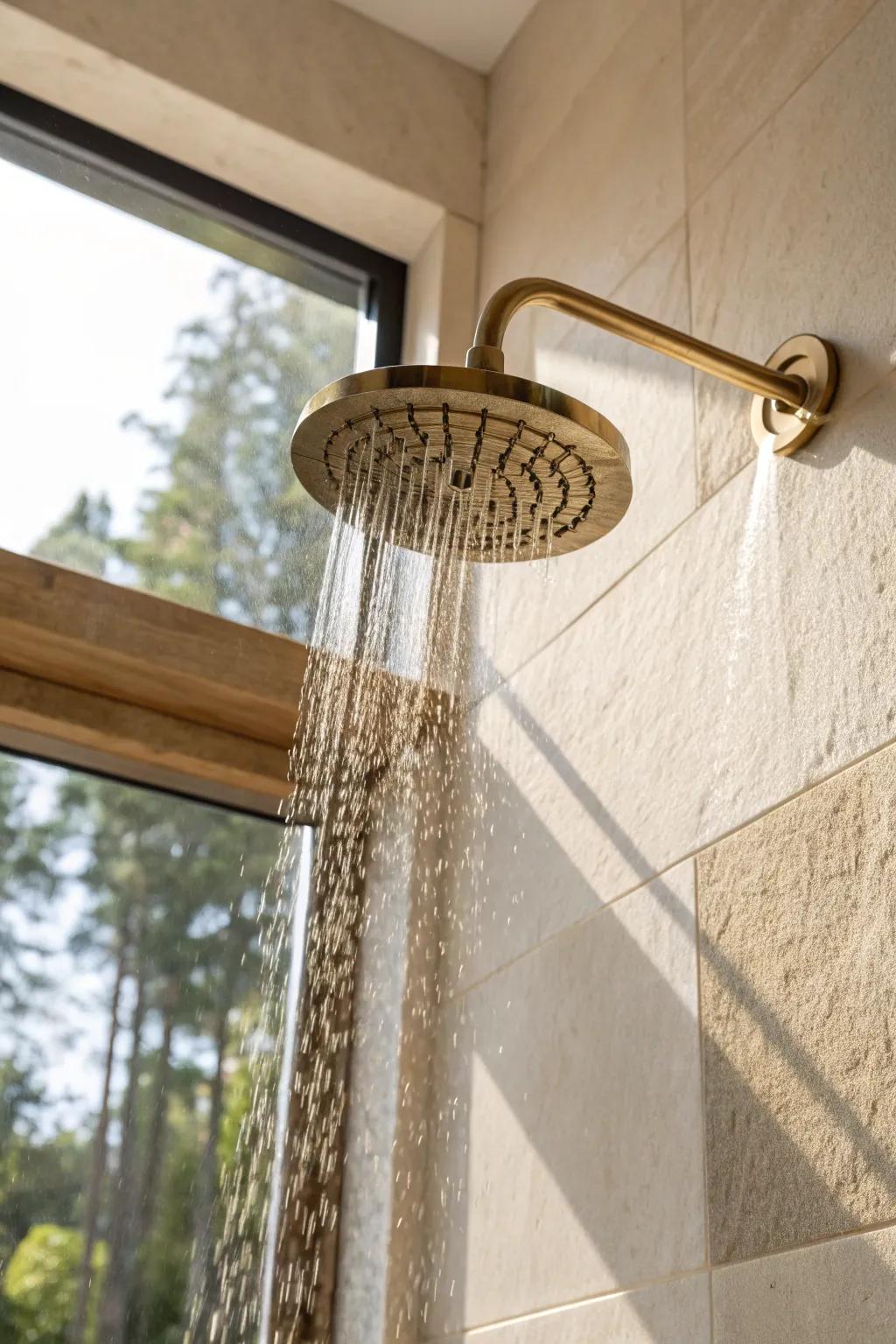 A brushed-brass rainfall head turns a small corner shower into instant spa energy.